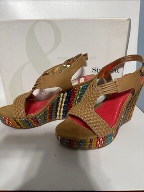Style & Co. Tan Woven Platform Wedges with Multicolor Rope Trim